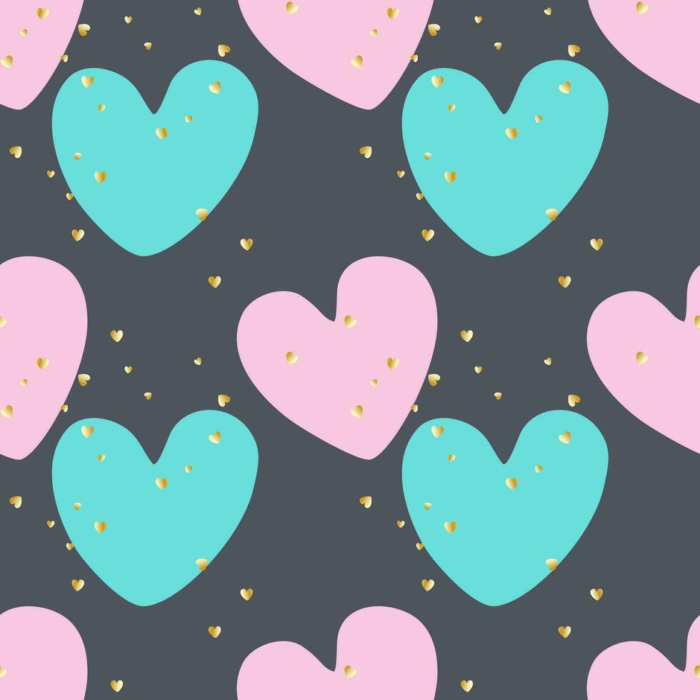romantisch patroon met roze en blauw harten, met klein goud sprankelend hart, voor Valentijnsdag dag, bruiloft, liefde gunsten, verpakking, behang, omslag. vector