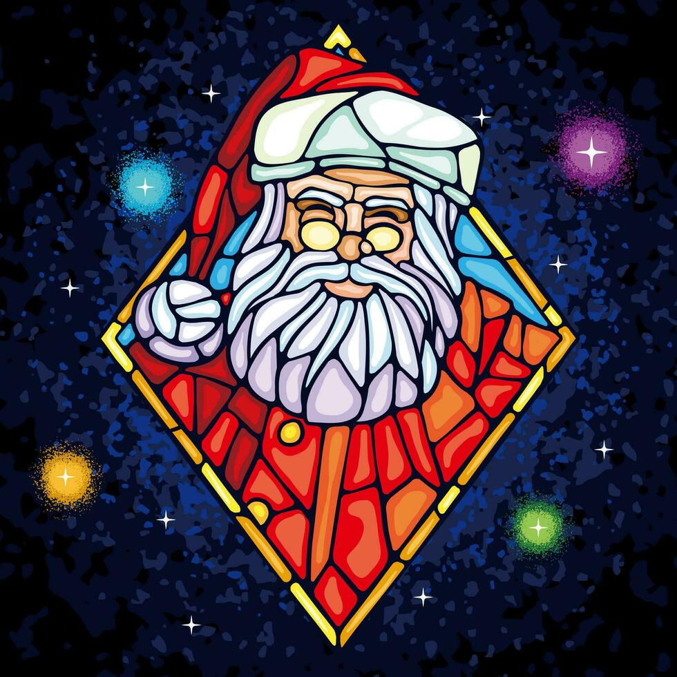 vector illustratie van de kerstman claus met diamant grens, gebrandschilderd glas stijl