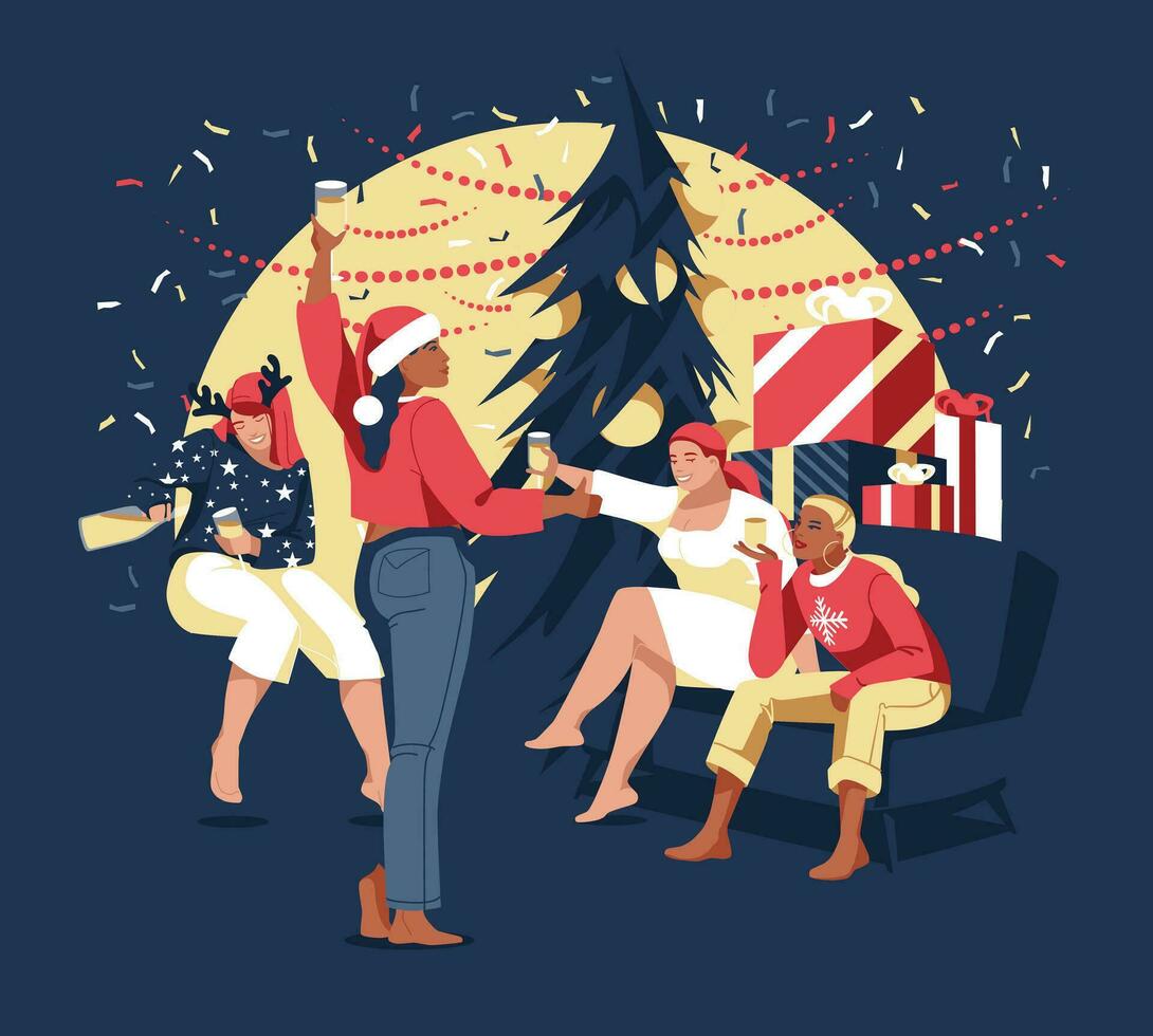 een groep van verschillend jong Dames vieren Kerstmis Bij huis. Champagne, geschenken, decoraties, Kerstmis boom. nieuw jaar viering. vriendschap. vector vlak illustratie.