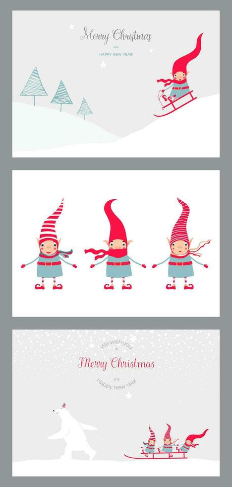 reeks vector illustratie met schattig Kerstmis elfen in een gestreept rood hoeden en grappig polair beer met slee. sjabloon voor vrolijk Kerstmis en nieuw jaar kaarten, hartelijk groeten, banners of affiches.