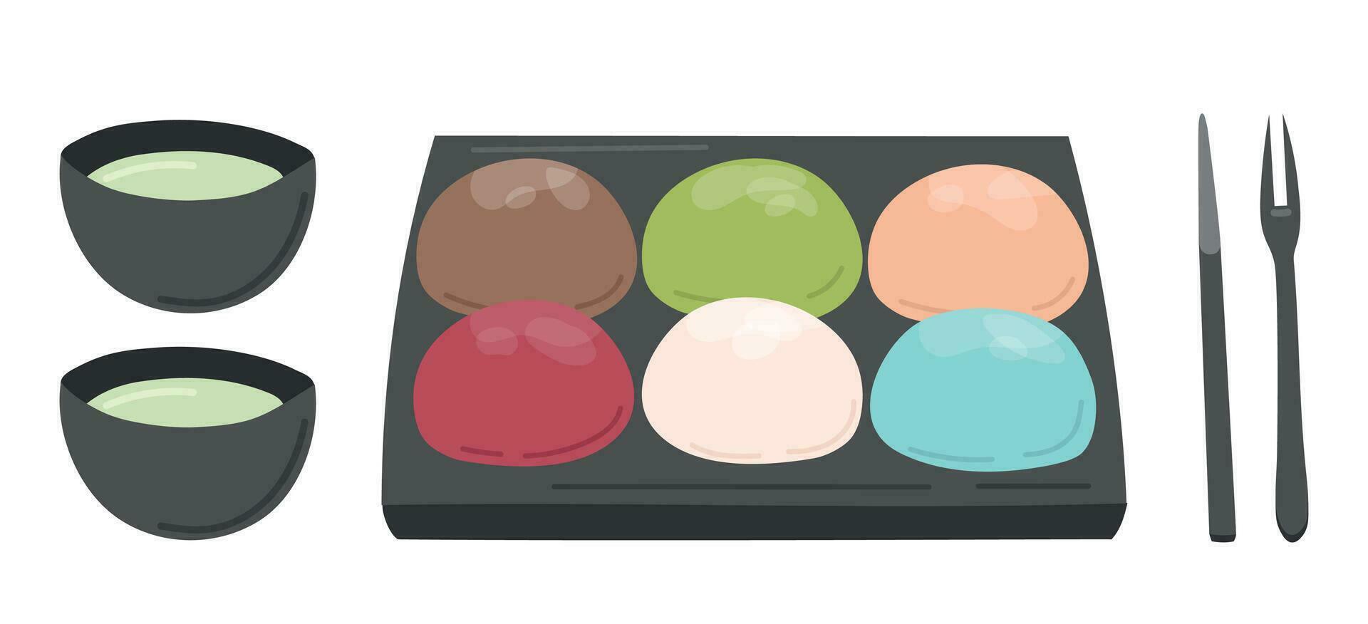 mochi. Japans rijst- toetje Aan zwart gerecht. bal van rijst- meel met jam. traditioneel Japans nagerecht. zoet toetje en thee kopjes. banier, poster, restaurant menu, nationaal mochi dag. vector