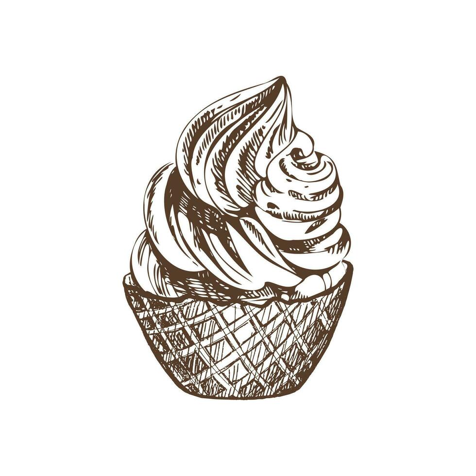 een hand getekend schetsen van een wafel mand met bevroren yoghurt of zacht ijs room. wijnoogst illustratie. element voor de ontwerp van etiketten, verpakking en ansichtkaarten. vector