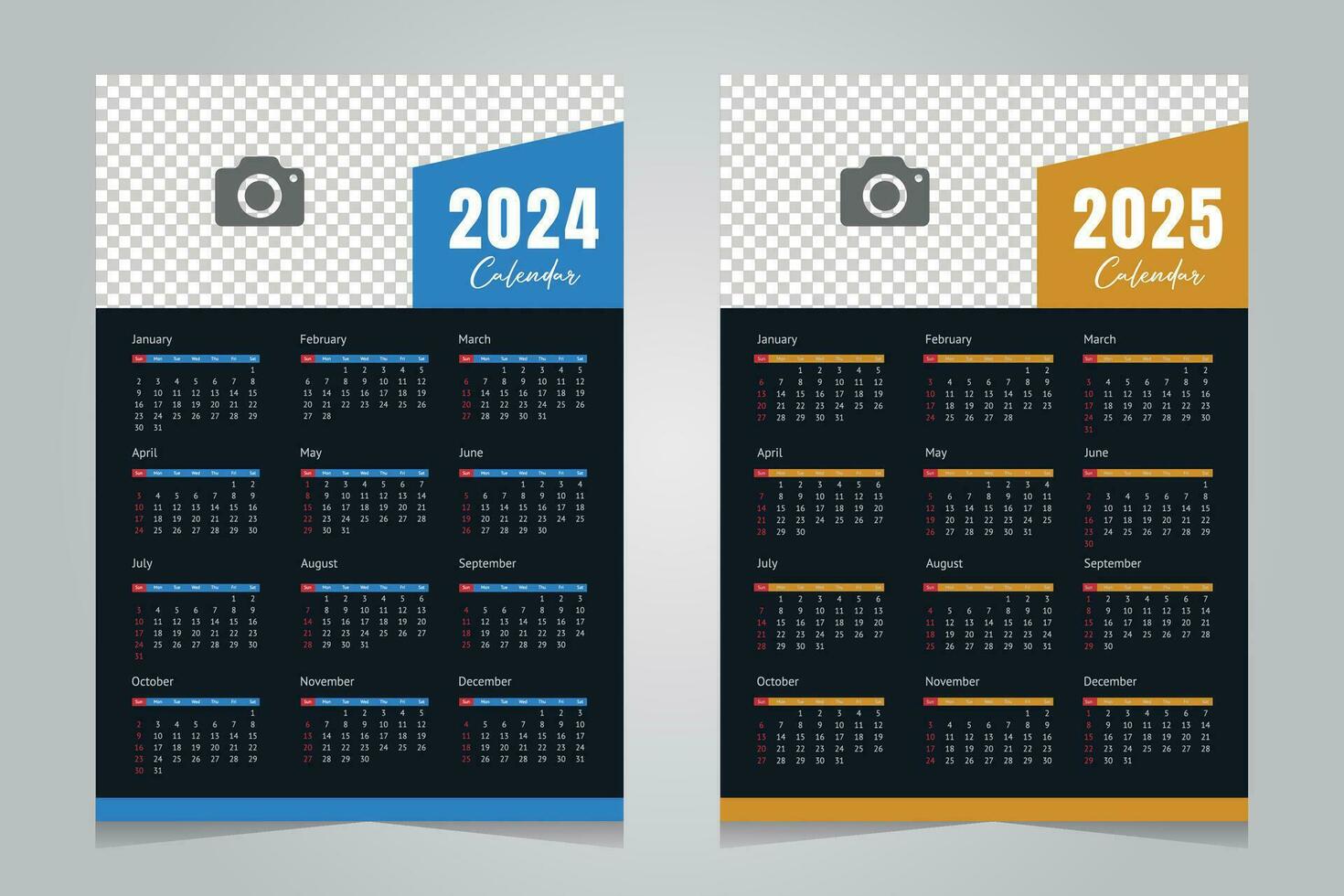 muur kalender 2024 en 2025 sjabloon ontwerp. blauw en geel verticaal kalender vector