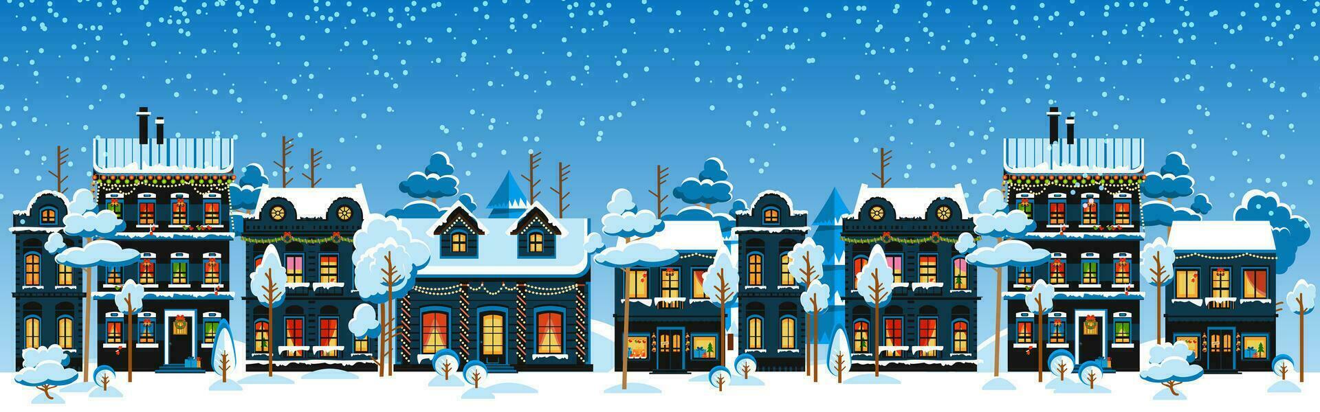 schattig Kerstmis en winter huizen. besneeuwd nacht in knus Kerstmis stad- panorama. vector