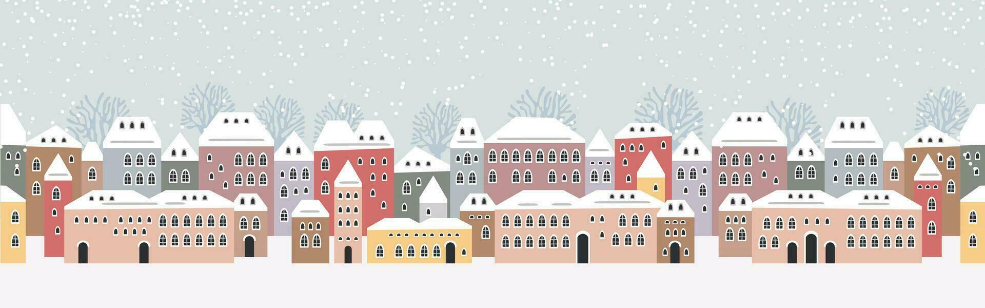 schattig Kerstmis en winter huizen. besneeuwd nacht in knus Kerstmis stad- stad panorama. vector