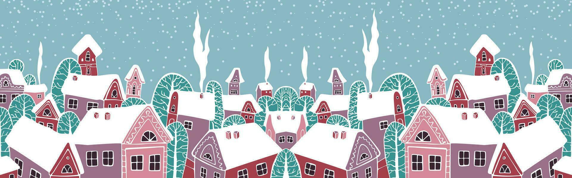 schattig Kerstmis en winter huizen. besneeuwd nacht in knus Kerstmis stad- panorama. vector