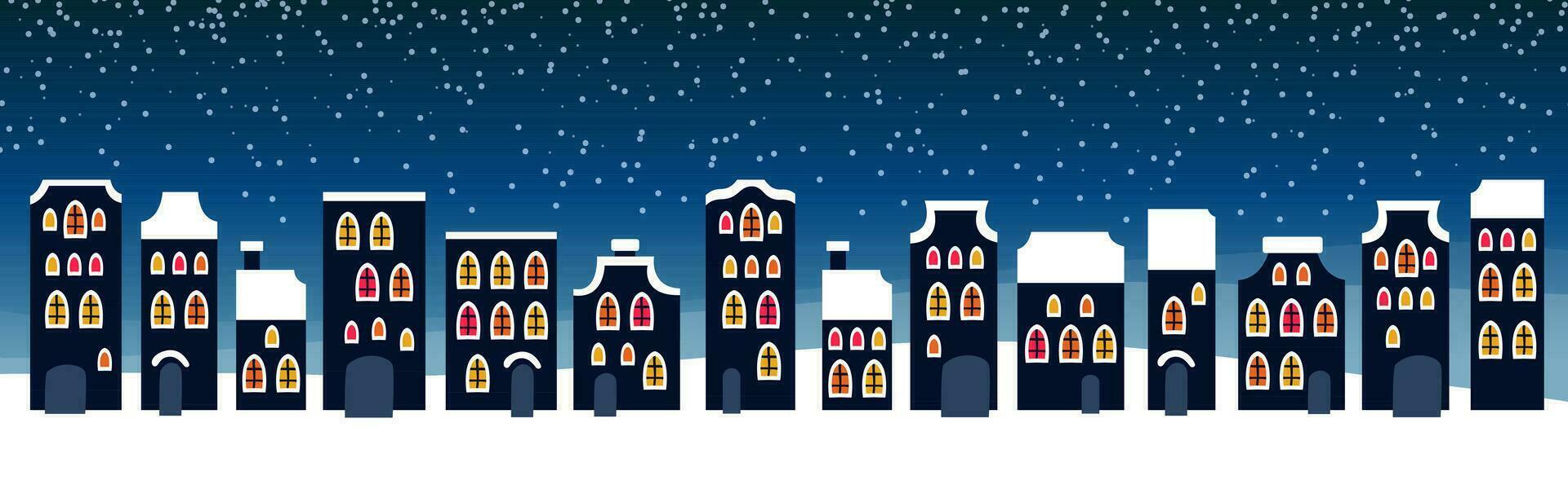 schattig Kerstmis en winter nacht stad huizen. besneeuwd stad- panorama. vector