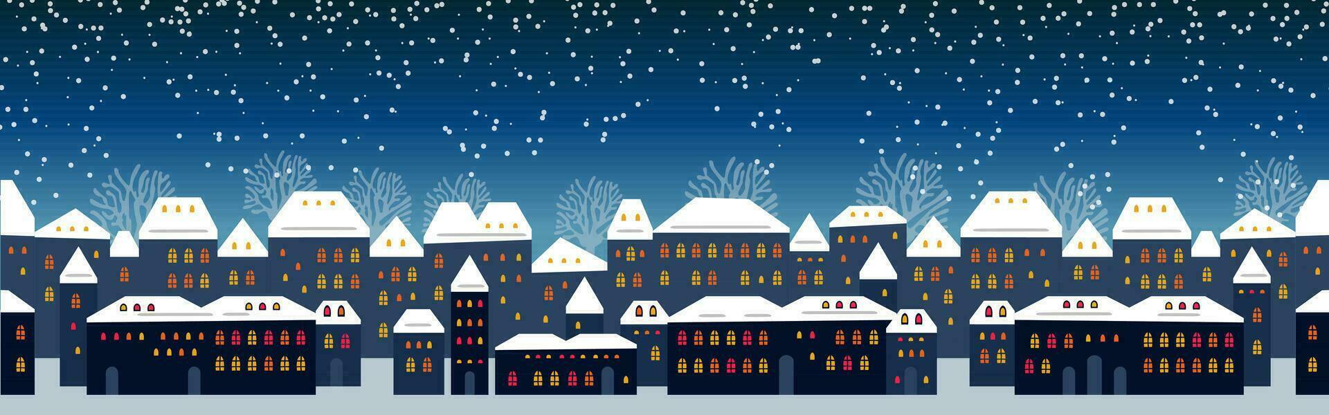 schattig Kerstmis en winter nacht stad huizen. besneeuwd stad- panorama. vector
