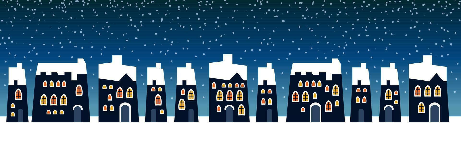 schattig Kerstmis en winter nacht stad huizen. besneeuwd stad- panorama. vector