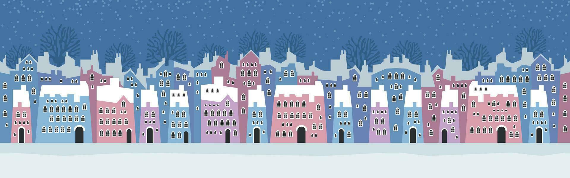 schattig Kerstmis en winter huizen. besneeuwd nacht in knus Kerstmis stad- stad panorama. vector