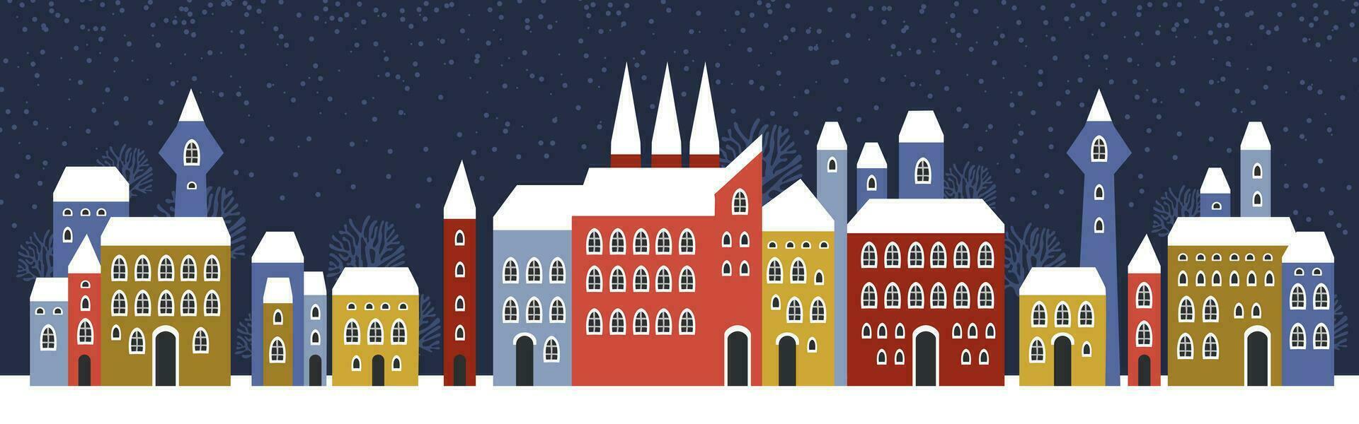 schattig Kerstmis en winter huizen. besneeuwd nacht in knus Kerstmis stad- panorama. vector