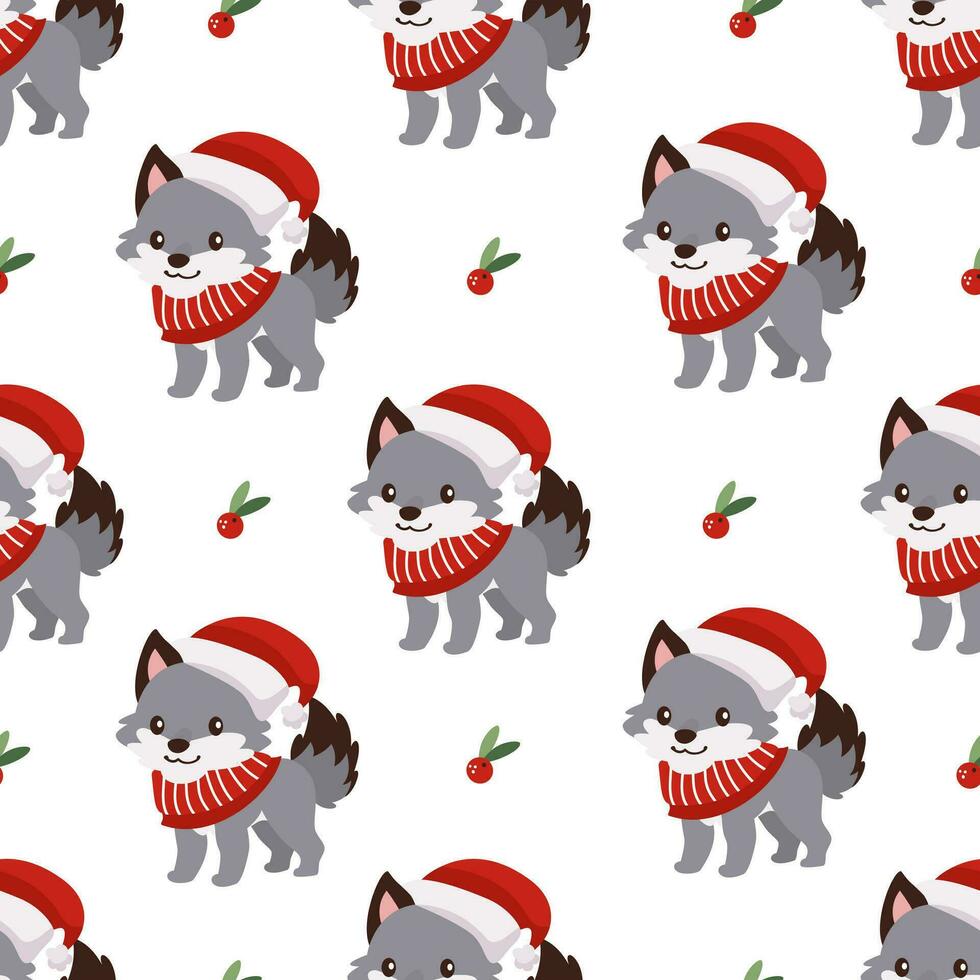 nieuw jaar vooravond naadloos vector patroon. schattig wolf in een sjaal en de kerstman claus hoed, Kerstmis boom speelgoed. patroon voor kinderen producten Aan wit achtergrond