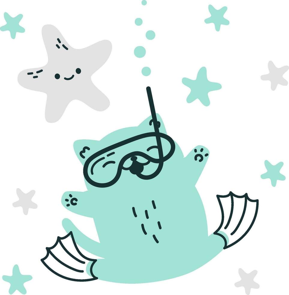 vector illustratie in tekening stijl. schattig katje scuba duiker zwemmen onderwater- met zeester.