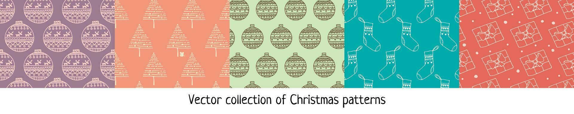 verzameling vector naadloos patronen voor Kerstmis en nieuw jaar cadeaus inpakken en pakket of briefpapier. tekening geschenk doos, Kerstmis bomen, sokken en ballen pictogrammen dun lijn in tekenfilm stijl.
