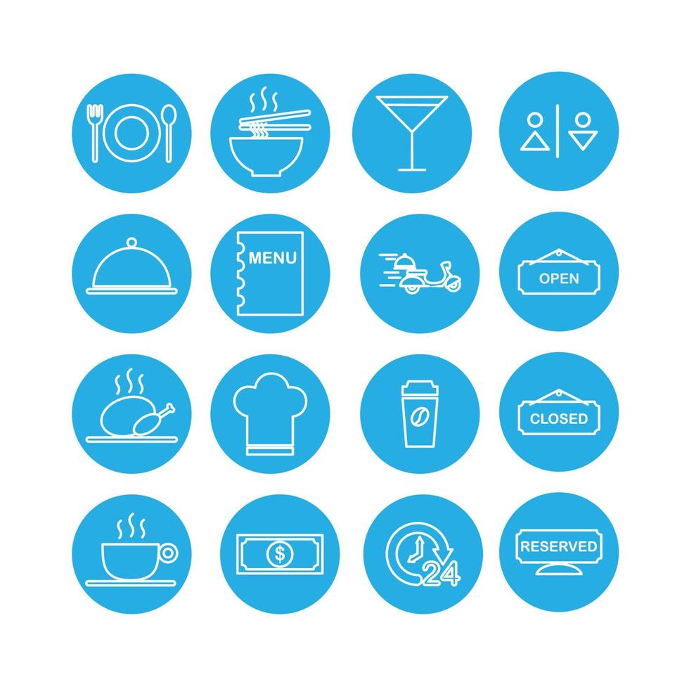 icon set vectorafbeelding van café en resto. pictogrammen in blauwe en witte stijl. vector