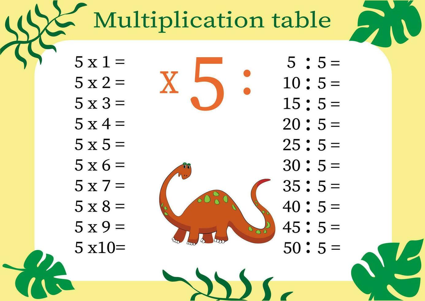 vermenigvuldiging tafel door 5 met een taak naar consolideren uw kennis van vermenigvuldiging. kleurrijk tekenfilm vermenigvuldiging tafel vector voor onderwijs wiskunde. tekenfilm dinosaurussen. eps10