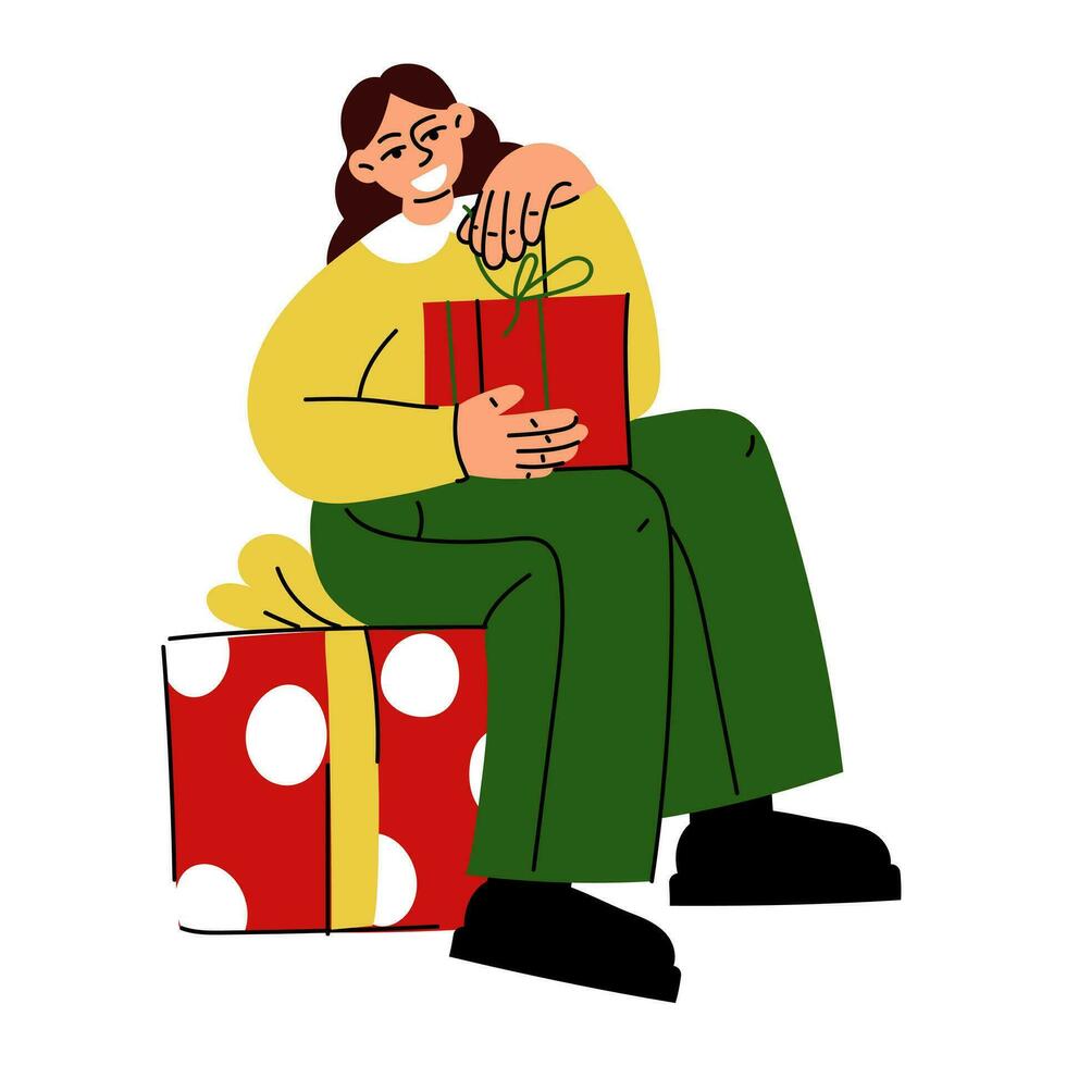 een Kerstmis illustratie in welke een meisje opent een geschenk geïsoleerd Aan een wit achtergrond. zijn tijd naar geven geschenken. uitpakken een geschenk. vector. cadeaus en verrassingen. vrolijk Kerstmis en gelukkig nieuw jaar vector