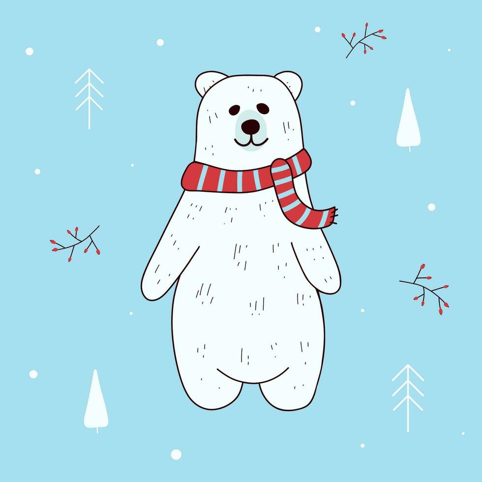 schattig wit polair beer met een gestreept sjaal, hand getekend, Aan een blauw achtergrond met bessen en boom silhouetten. vector illustratie. voor groet kaarten, decoraties, afdrukken.