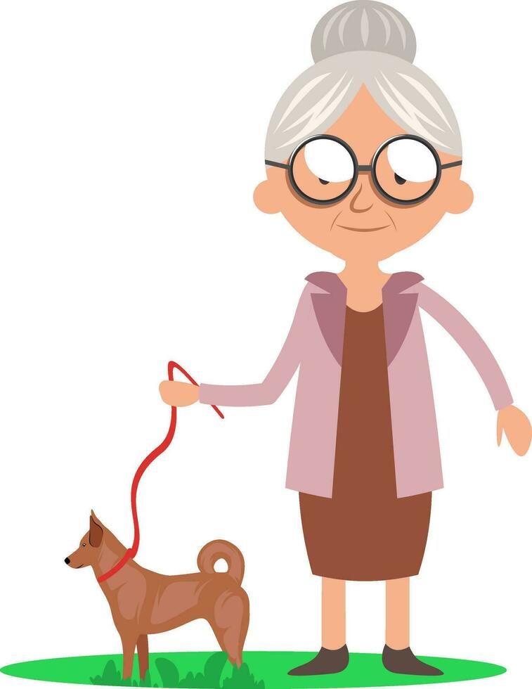 oma met hond, illustratie, vector Aan wit achtergrond.