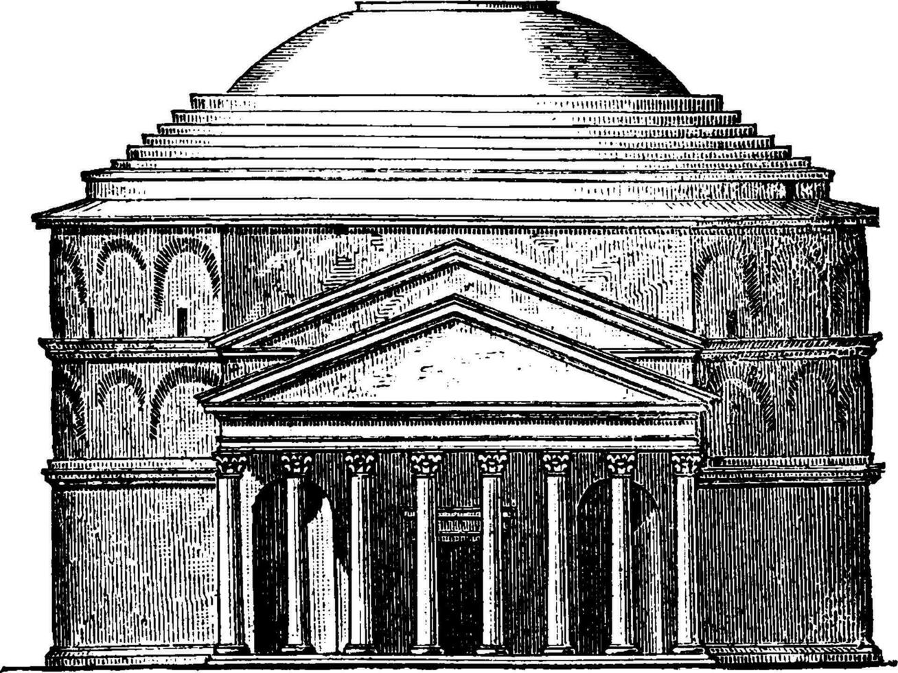 gevel van de pantheon Bij Rome, wijnoogst gravure. vector