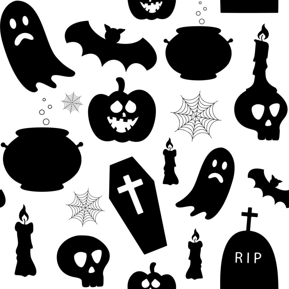 patroon van halloween silhouetten. zwarte elementen, pompoen, schedel, ketel, vleermuis, kaars, spinnenweb, bewondering vector