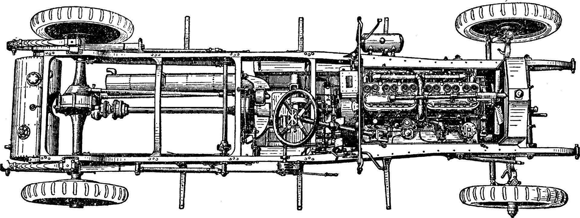 top visie van zes cilinder 1910 broodjes royce chassis met motor en as, wijnoogst illustratie. vector