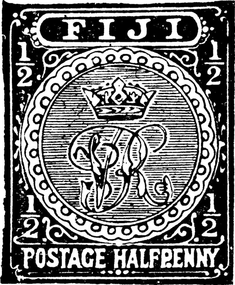 fiji eilanden halve stuiver postzegel in 1892, wijnoogst illustratie. vector