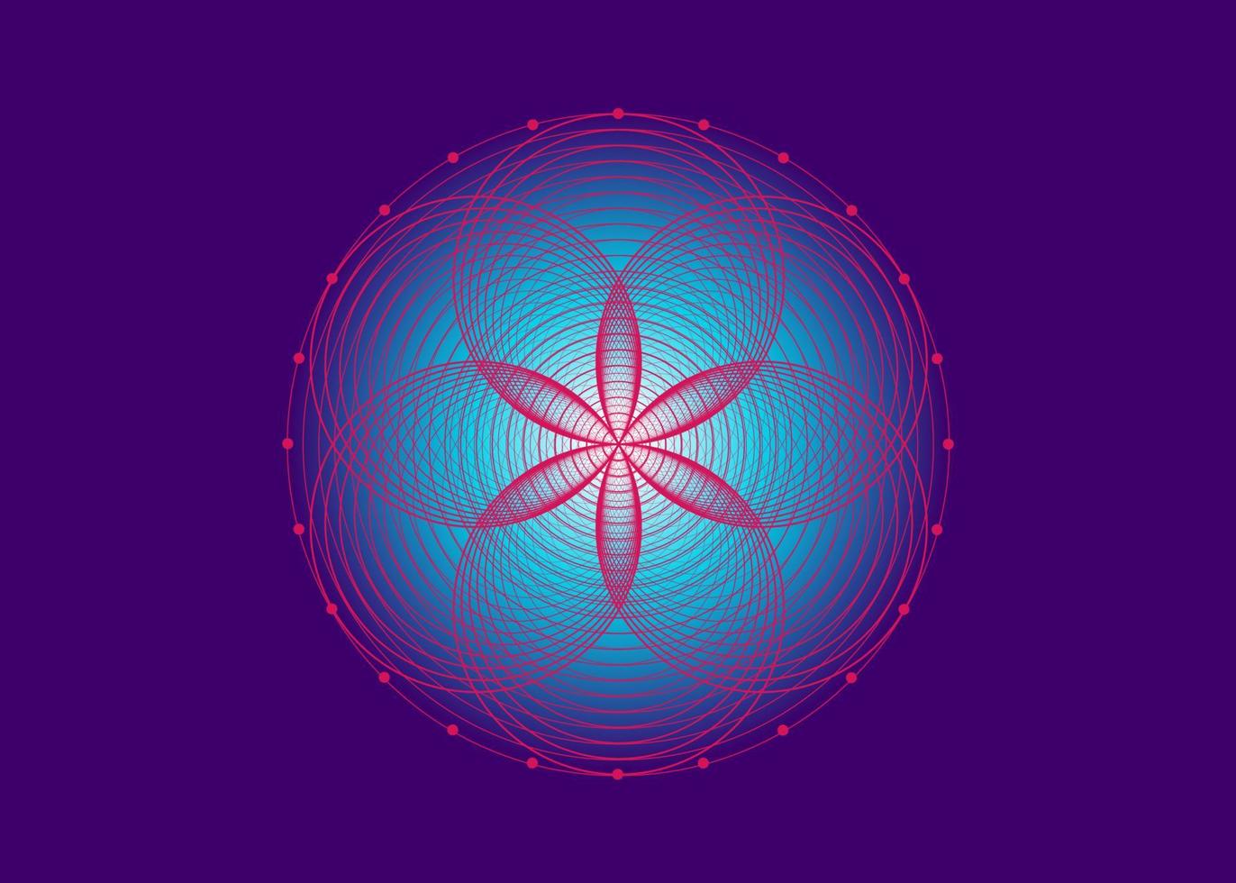 zaad van het levenssymbool heilige geometrie. logo pictogram geometrische mystieke mandala van alchemie esoterische bloem van het leven. interlaced roze cirkels, vector lotus meditatieve amulet geïsoleerd op paarse achtergrond