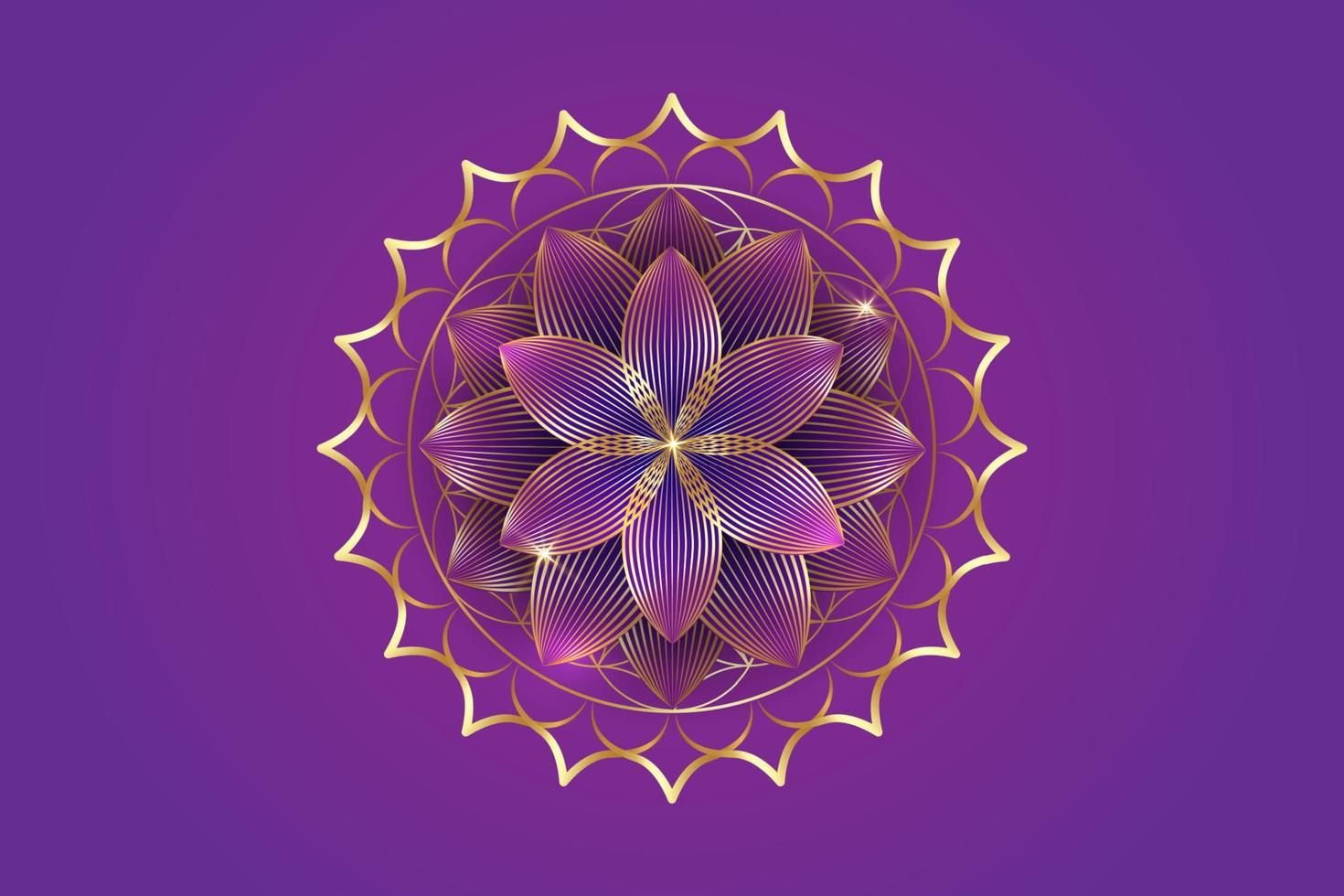 zevende chakra sahasrara logo sjabloon. gouden kroon chakra symbool, gouden luxe sacrale lotus teken meditatie, bloem van het leven, yoga ronde mandala pictogram, vector geïsoleerd op paarse achtergrond