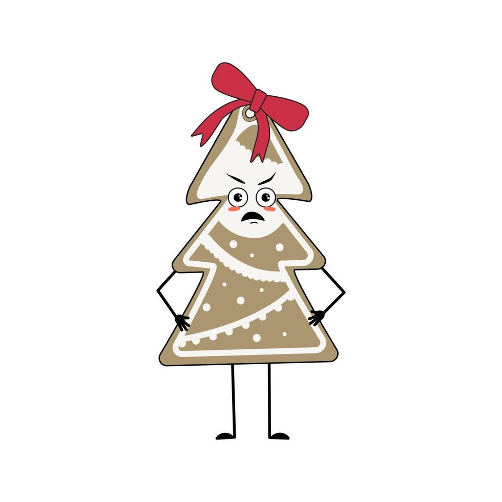 schattig karakter van peperkoekkoekje in de vorm van een kerstboom met boze emoties, gezicht, handen en benen. gelukkig nieuwjaar snoep. de grappige of knorrige voedselheld, vakantiedecoratie vector