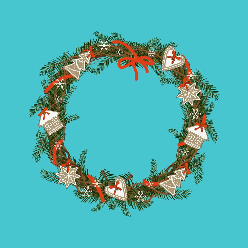 ronde kerstkrans van dennentakken met peperkoek en sneeuwvlok. feestelijke decoratie voor nieuwjaar en wintervakanties vector