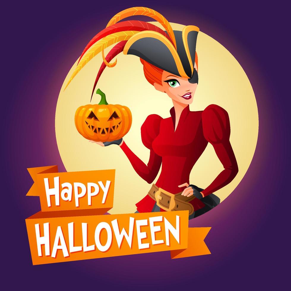happy halloween-kaart met vrouw in piratenkostuum vectorillustratie vector