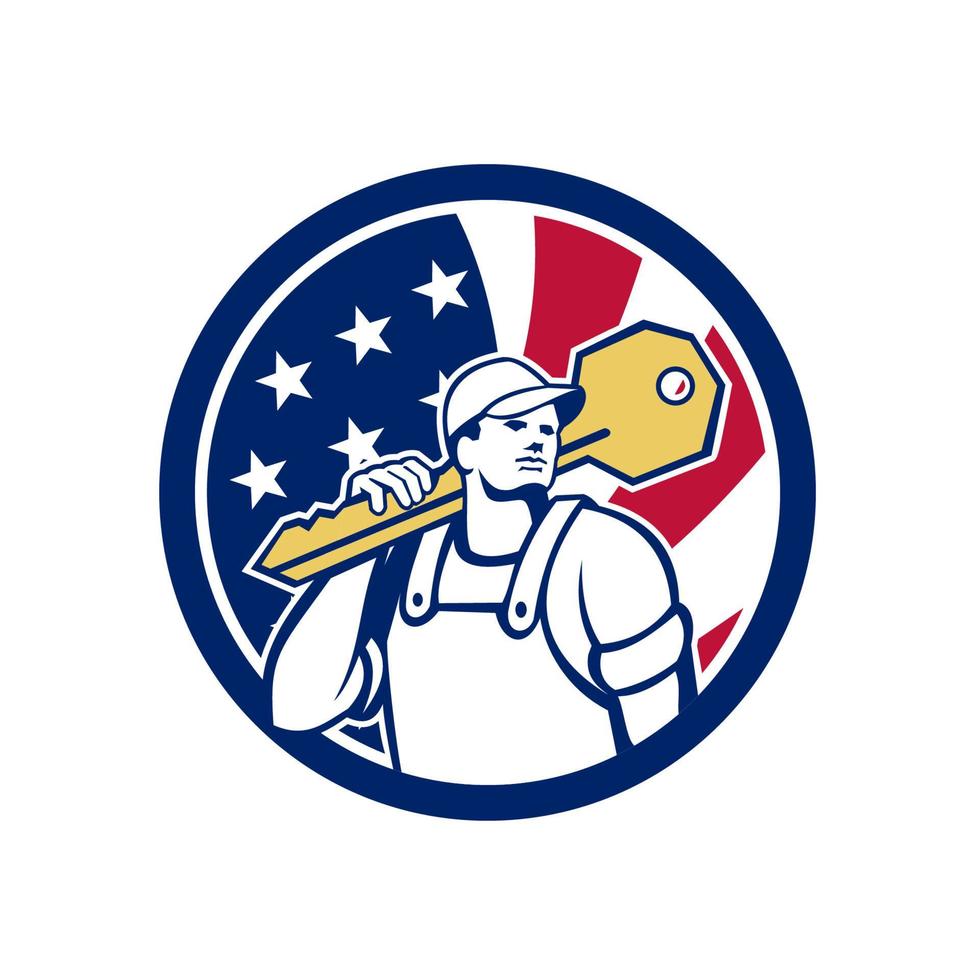 slotenmaker met sleutel op schouder usa vlag mascotte retro geïsoleerd vector