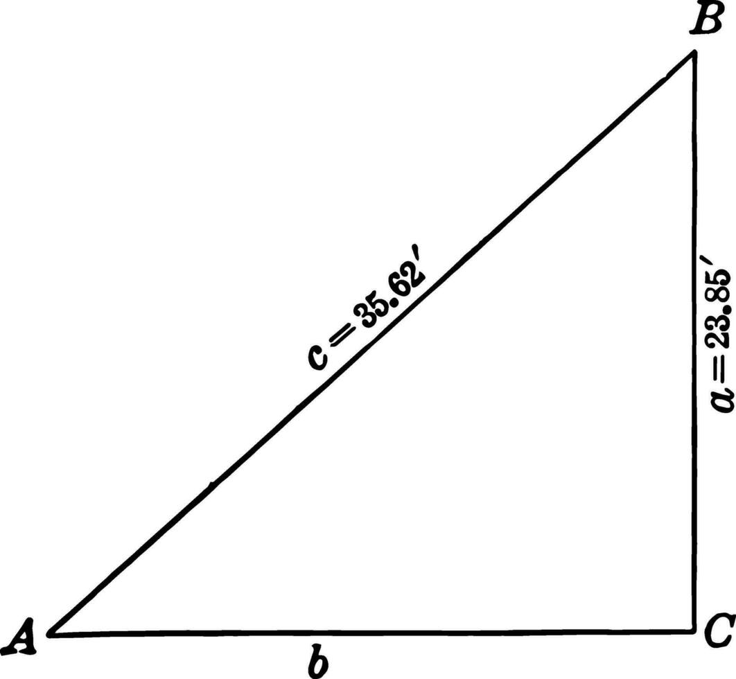 Rechtsaf driehoek abc met been 23.85 voet en hypotenusa 35.62 voet wijnoogst illustratie. vector