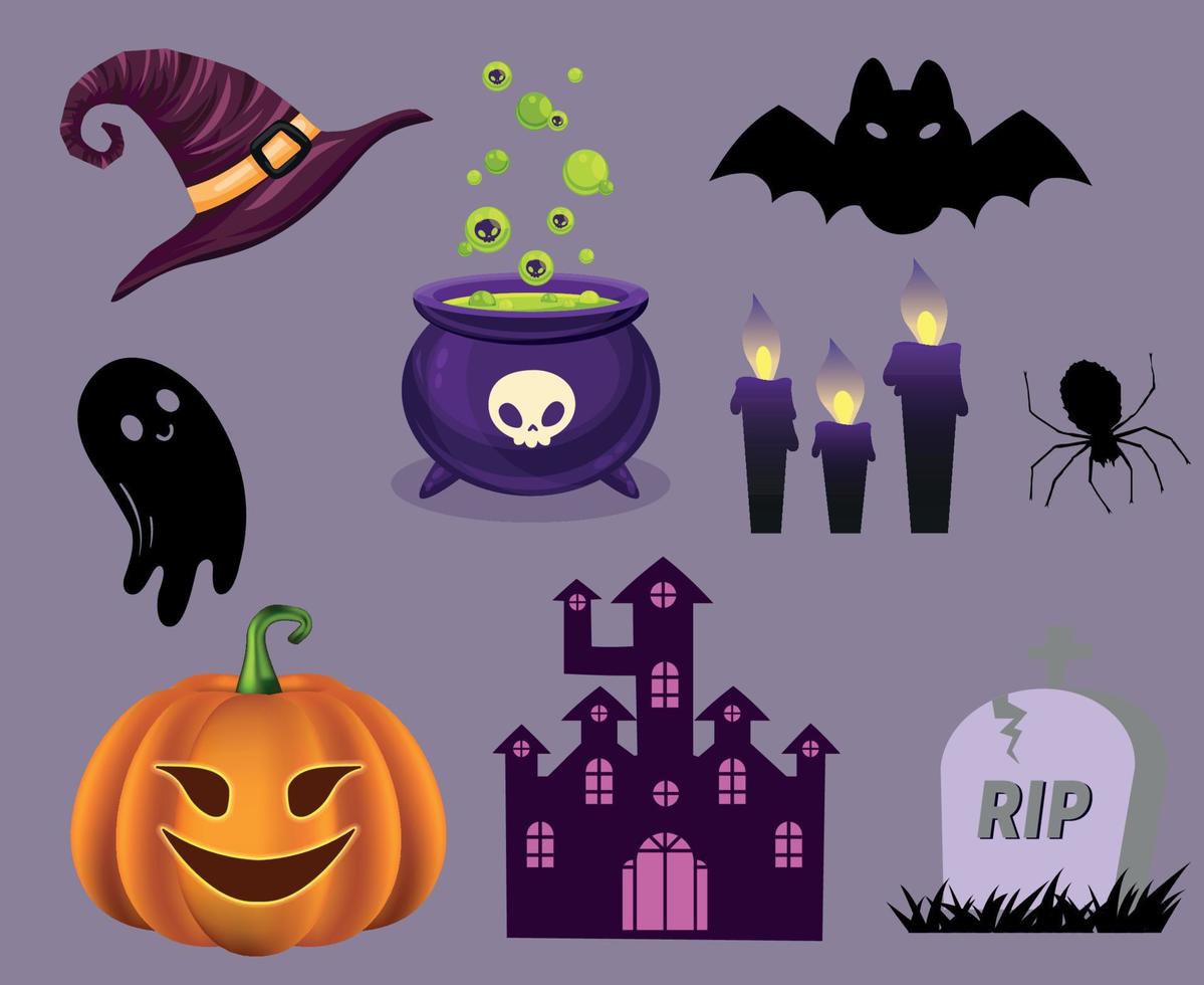 objecten halloween vleermuis spook rip en tomb vector pompoen trick or treat met spider castle