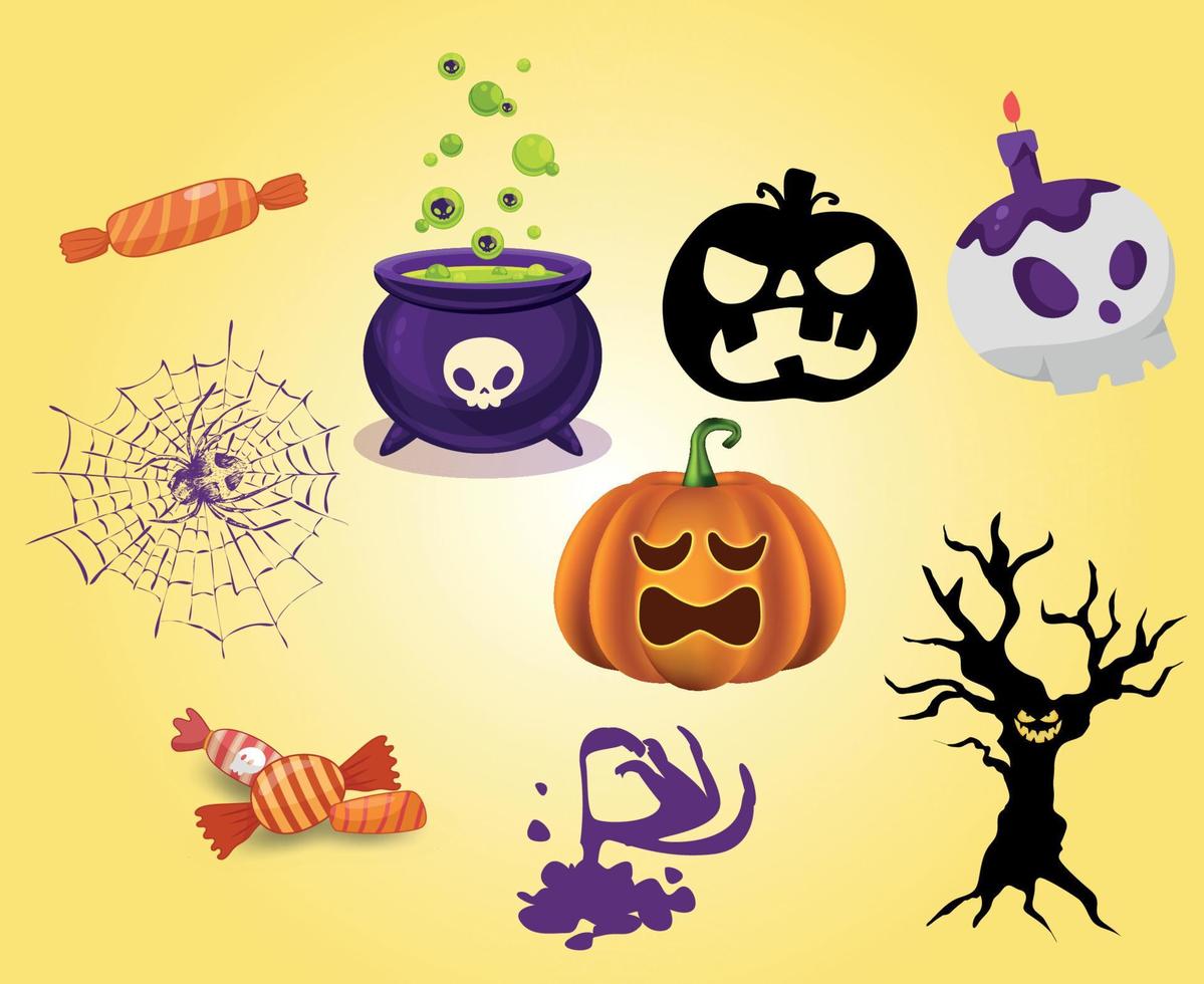 abstracte happy halloween 31 oktober objecten achtergrond met pompoen oranje snoep boom en spin vector