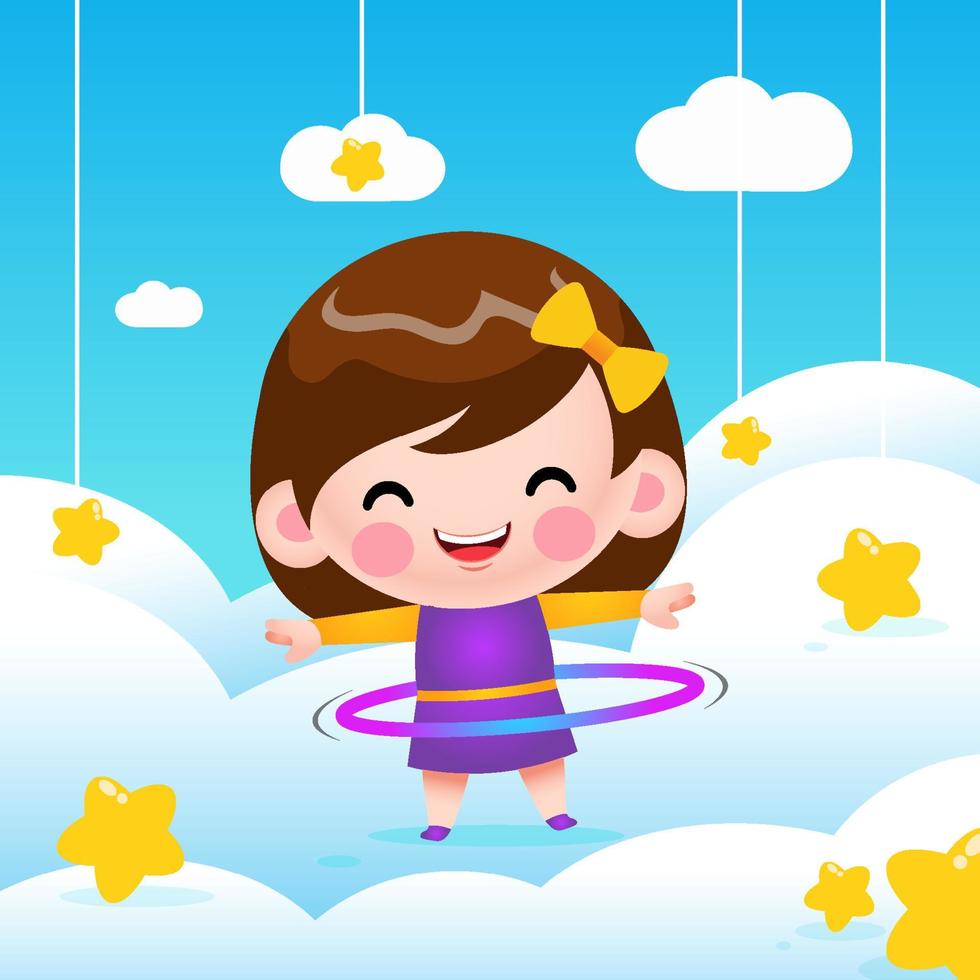 schattig klein meisje speelt hoelahoep op wolk vector