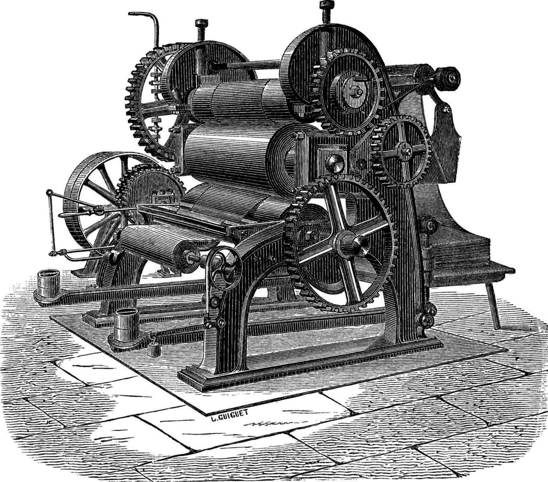 papier machine met drie cilinders, wijnoogst gravure vector