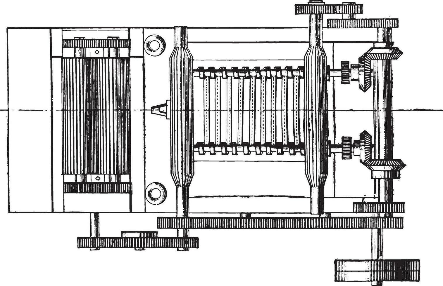 tekening rol, uitloper versnellingen beweging van voedsel cilinder, uitloper versnellingen, beweging van de kaneel, online Cursus van de lint, wijnoogst gravure. vector