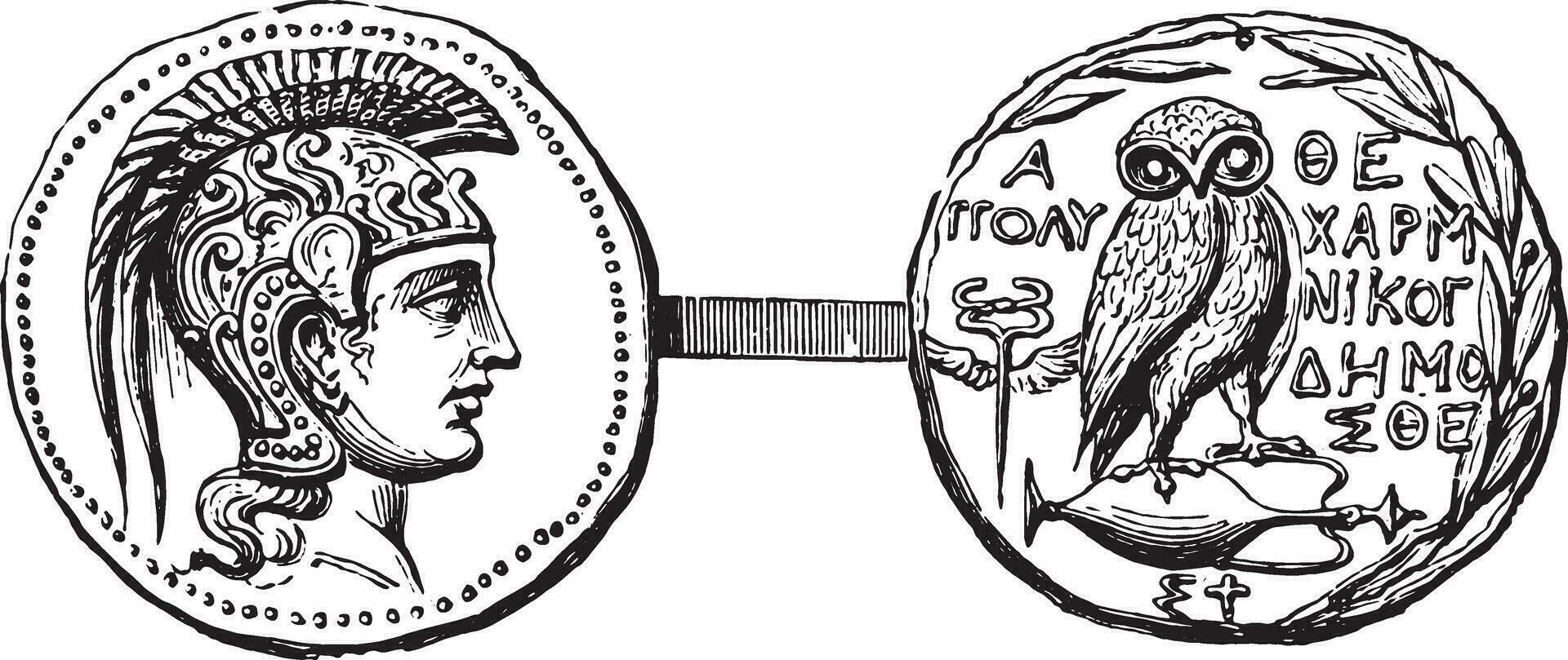 valuta van Athene, wijnoogst gravure. vector