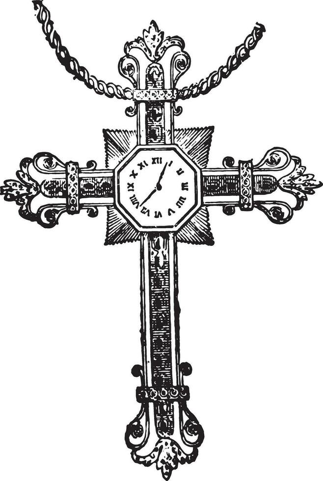 kruis in van wie armen waren verborgen radertjes in een uurwerk beweging, wijnoogst gravure. vector