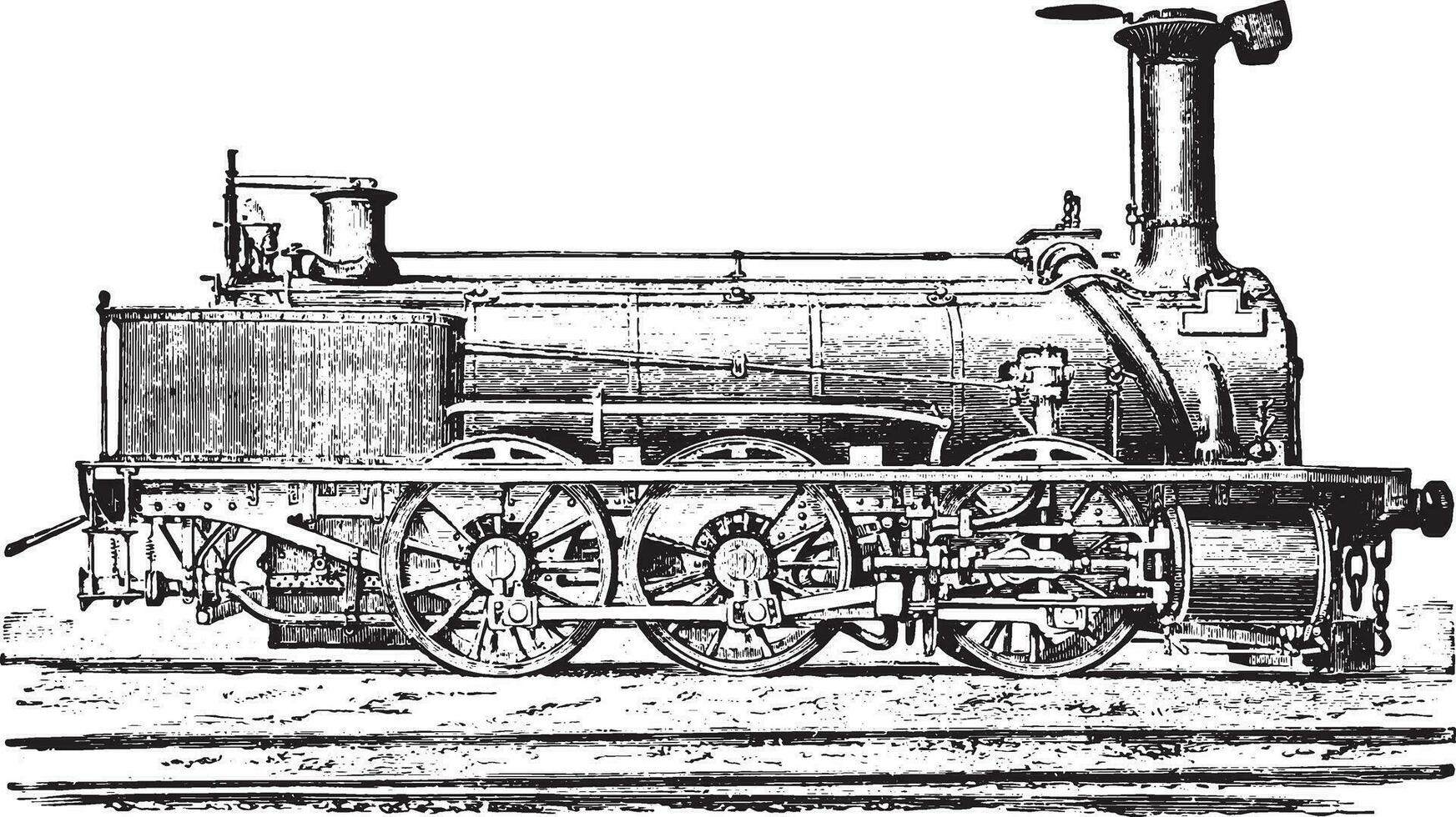 gemengd machine met drie gekoppeld assen voor passagier treinen en goederen, wijnoogst gravure. vector