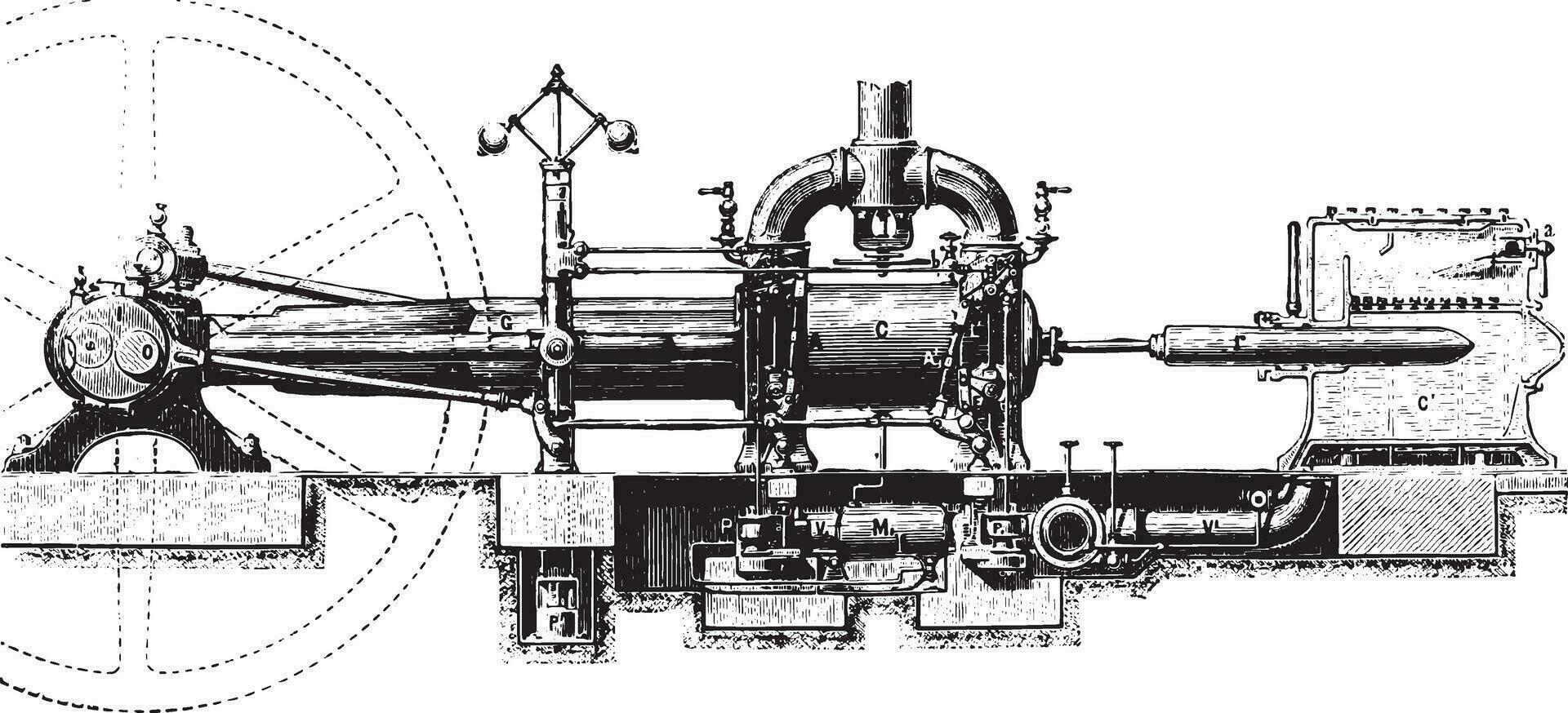 visie van de corliss machine, wijnoogst gravure. vector