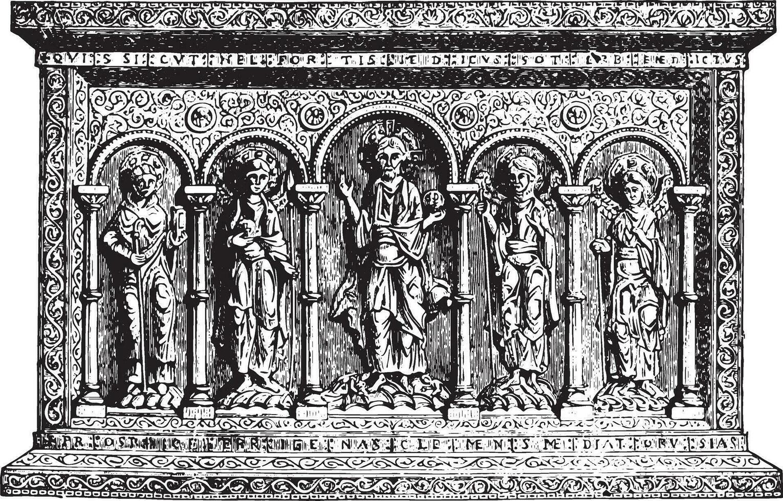 gouden altaar van de elfde eeuw, wijnoogst gravure. vector