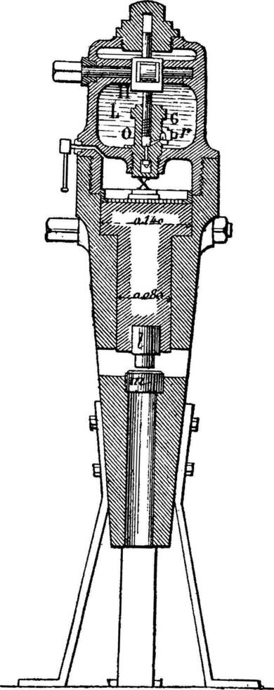 portable hydraulisch ponsen machine gecontroleerd door een hand- pomp, wijnoogst gravure. vector