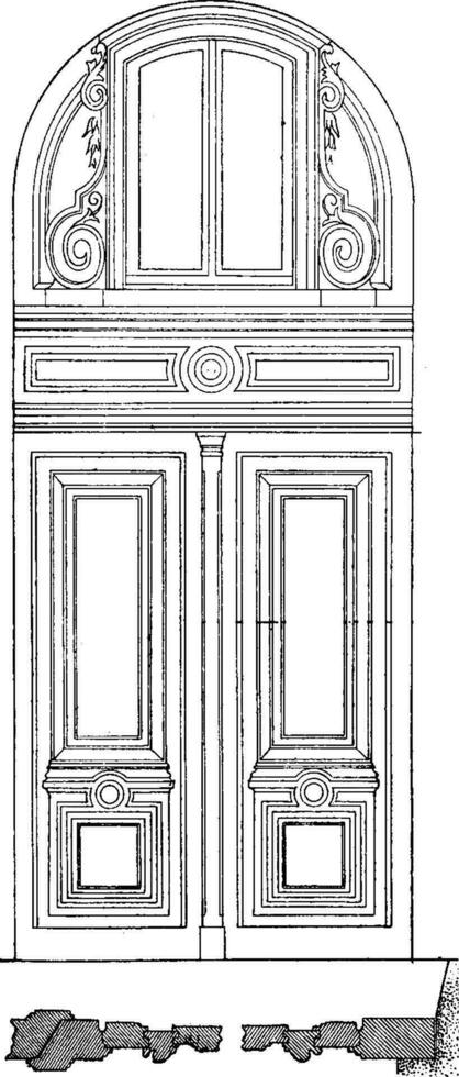 deuropening met tussenverdieping, wijnoogst gravure. vector