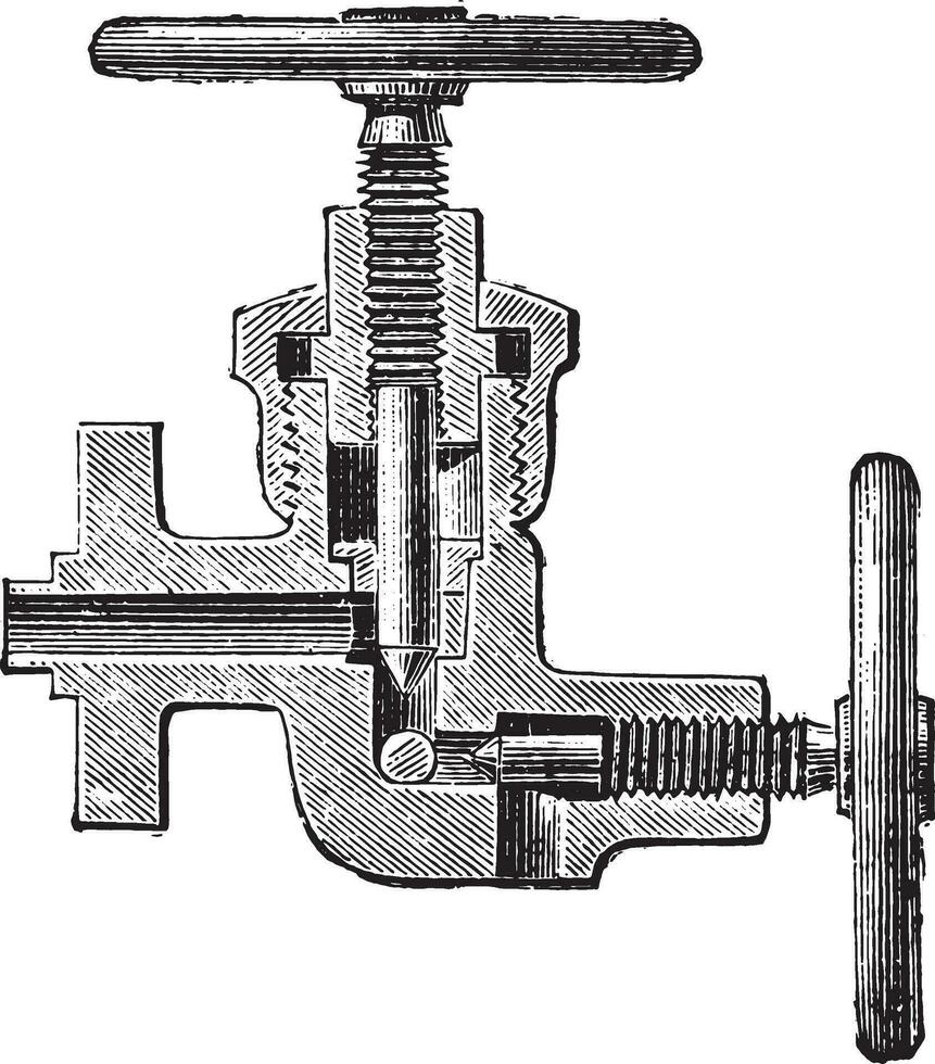 hydraulisch pomp met kwijting ventiel, wijnoogst gravure. vector