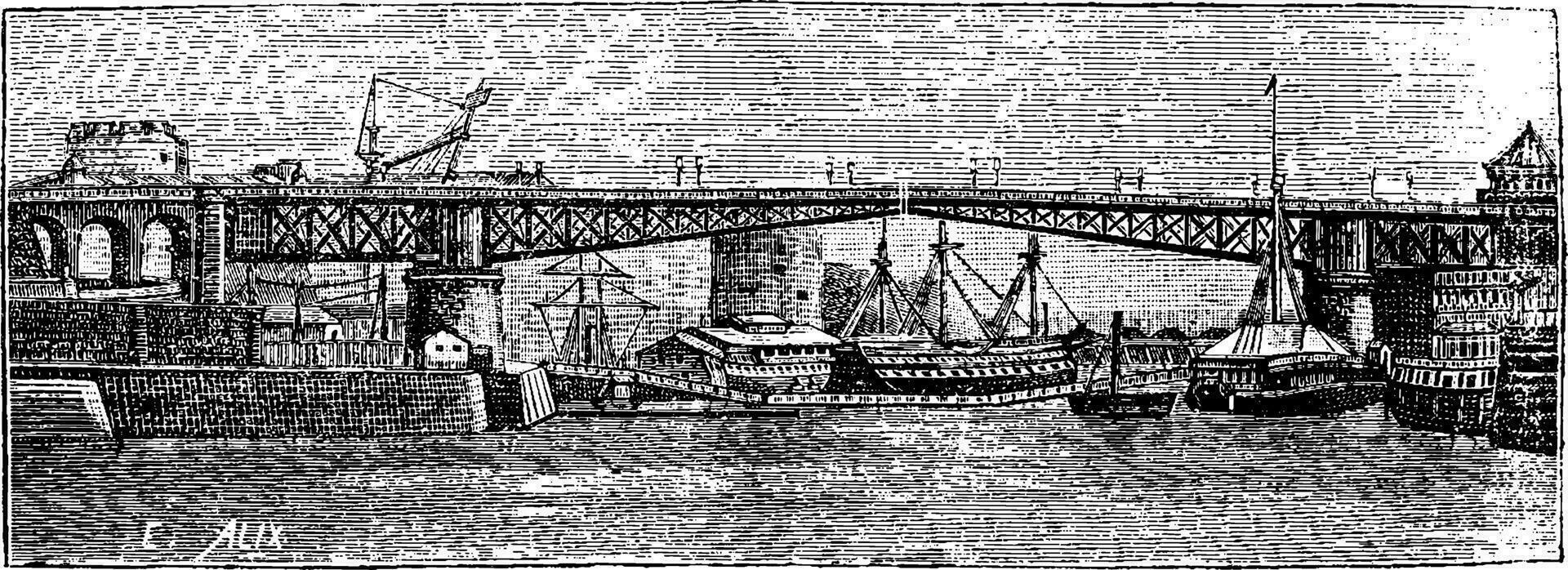 schommel brug borst, wijnoogst gravure. vector