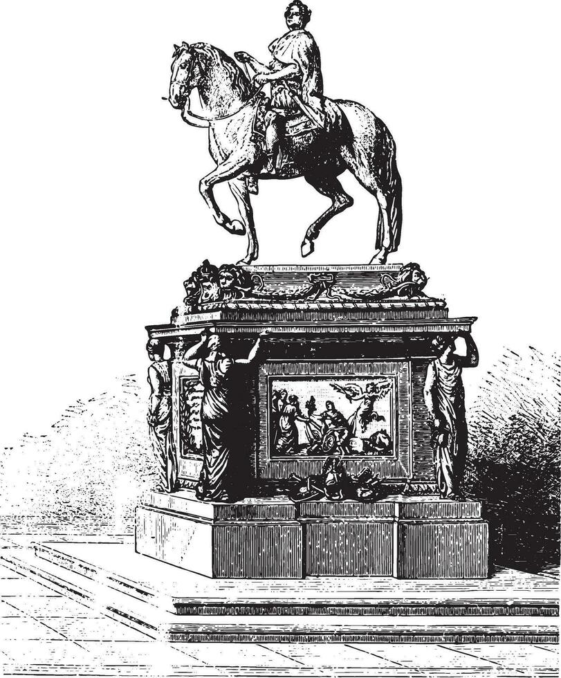 standbeeld van louis xv, bouchardon, opgericht Aan de plaats de la concorde, wijnoogst gravure. vector