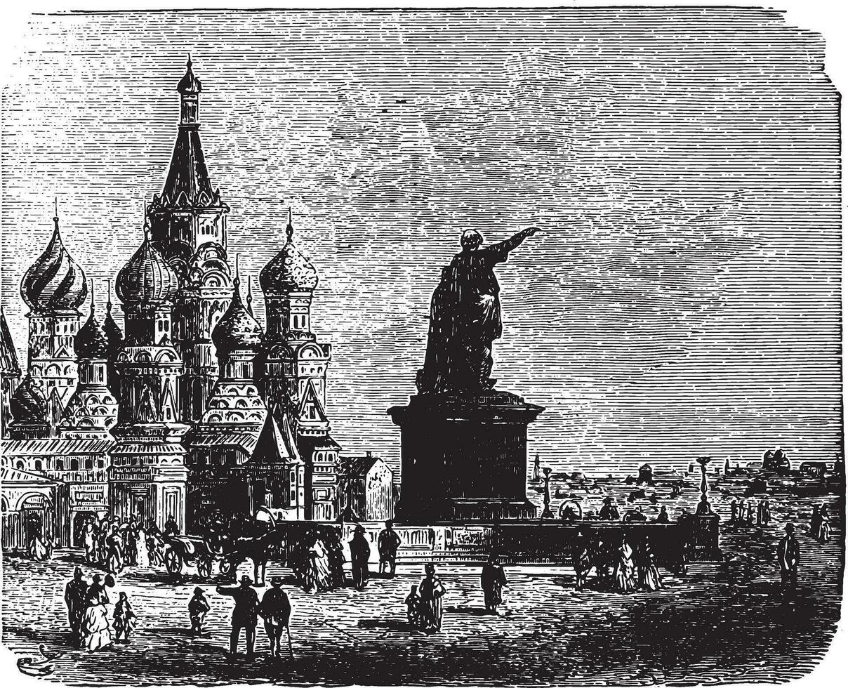 kerk van st. basilicum in Moskou, wijnoogst gravure. vector